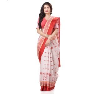 Women's Tant Cotton Saree Without Blouse Piece (Dbphulkoli060822_White Red)