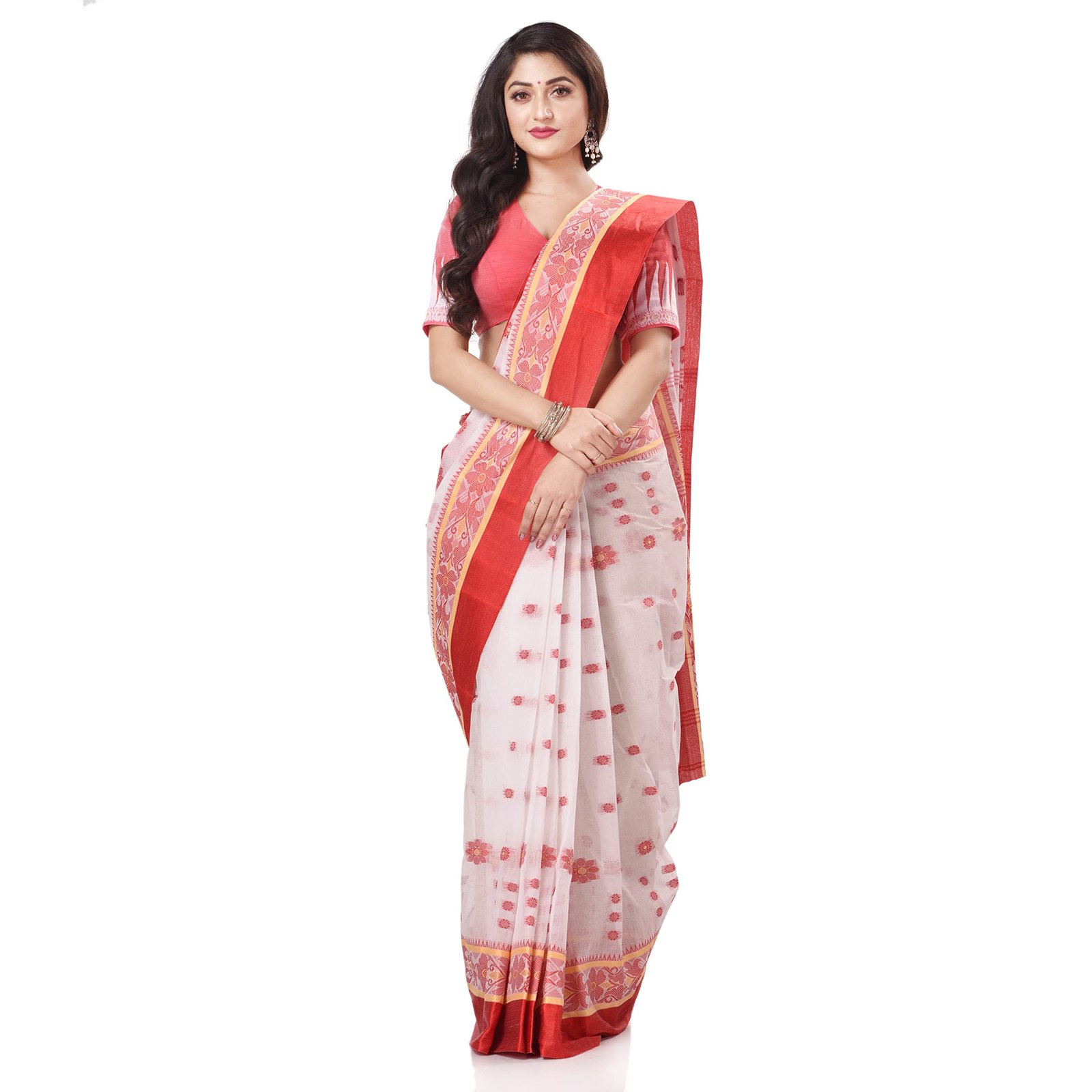 Women's Tant Cotton Saree Without Blouse Piece (Dbphulkoli060822_White Red)