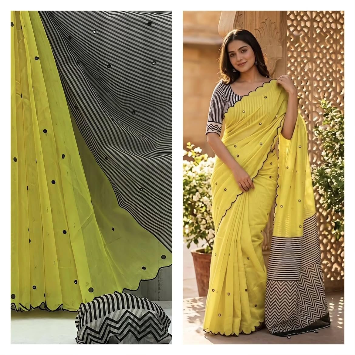 Women's Yellow Cotton Linen Saree with Mirror Work Border | Saree with unstiched Blouse Piece (Yellow) - Image 3