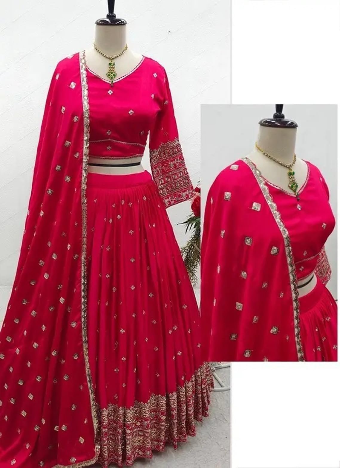 Chinon Embroidered Lehenga Choli for Women, Semi-Stitched, Bridal Wear with Dupatta (RANI) - Image 2