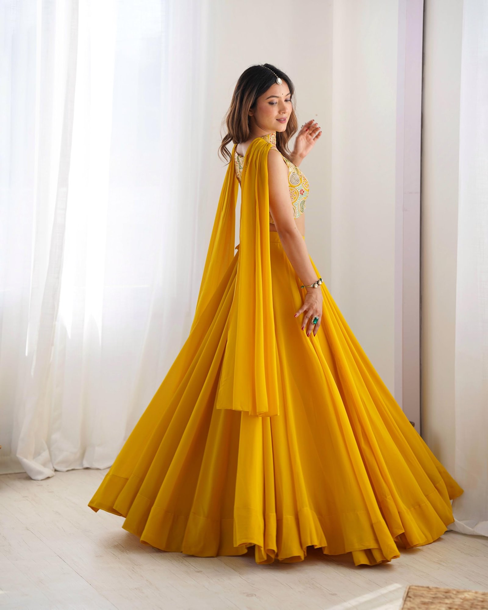 Women’s stitched Lehenga Choli Set with Dupatta | Festive Designer Outfit (Standard, Yellow) - Image 4