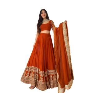 Women’s Purple Unstitched Lehenga Choli with Embroidered Border and Dupatta (Orange, Unstiched)