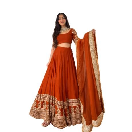 Women’s Purple Unstitched Lehenga Choli with Embroidered Border and Dupatta (Orange, Unstiched)