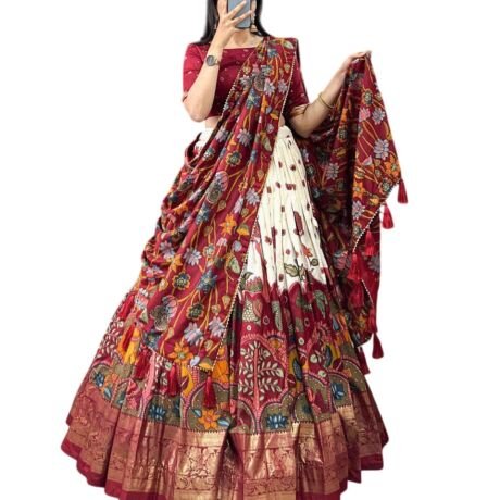 Women’s Pure Dolla Tusser Silk Chaniya Choli Set with Foil Print Work, Stitched Lehenga with 3 Meter Flair, Heavy Lining & Canvas Support, Unstitched Blouse Piece and Resham (Marron-White)