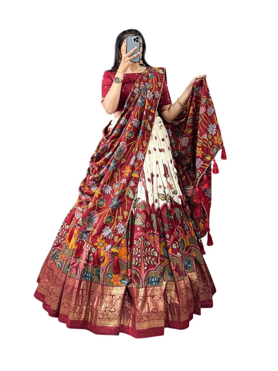 Women’s Pure Dolla Tusser Silk Chaniya Choli Set with Foil Print Work, Stitched Lehenga with 3 Meter Flair, Heavy Lining & Canvas Support, Unstitched Blouse Piece and Resham (Marron-White)