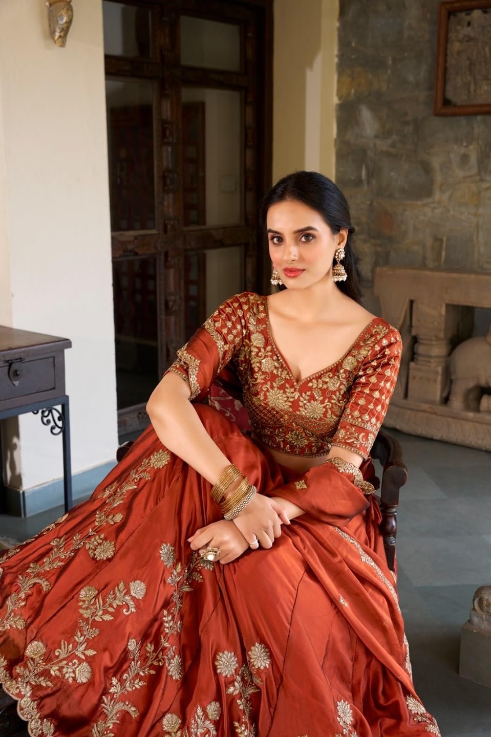 Women's Orange Sequence Embroidery Work Silk Semi-Sttiched Lehenga Choli-JH290ORG - Image 5