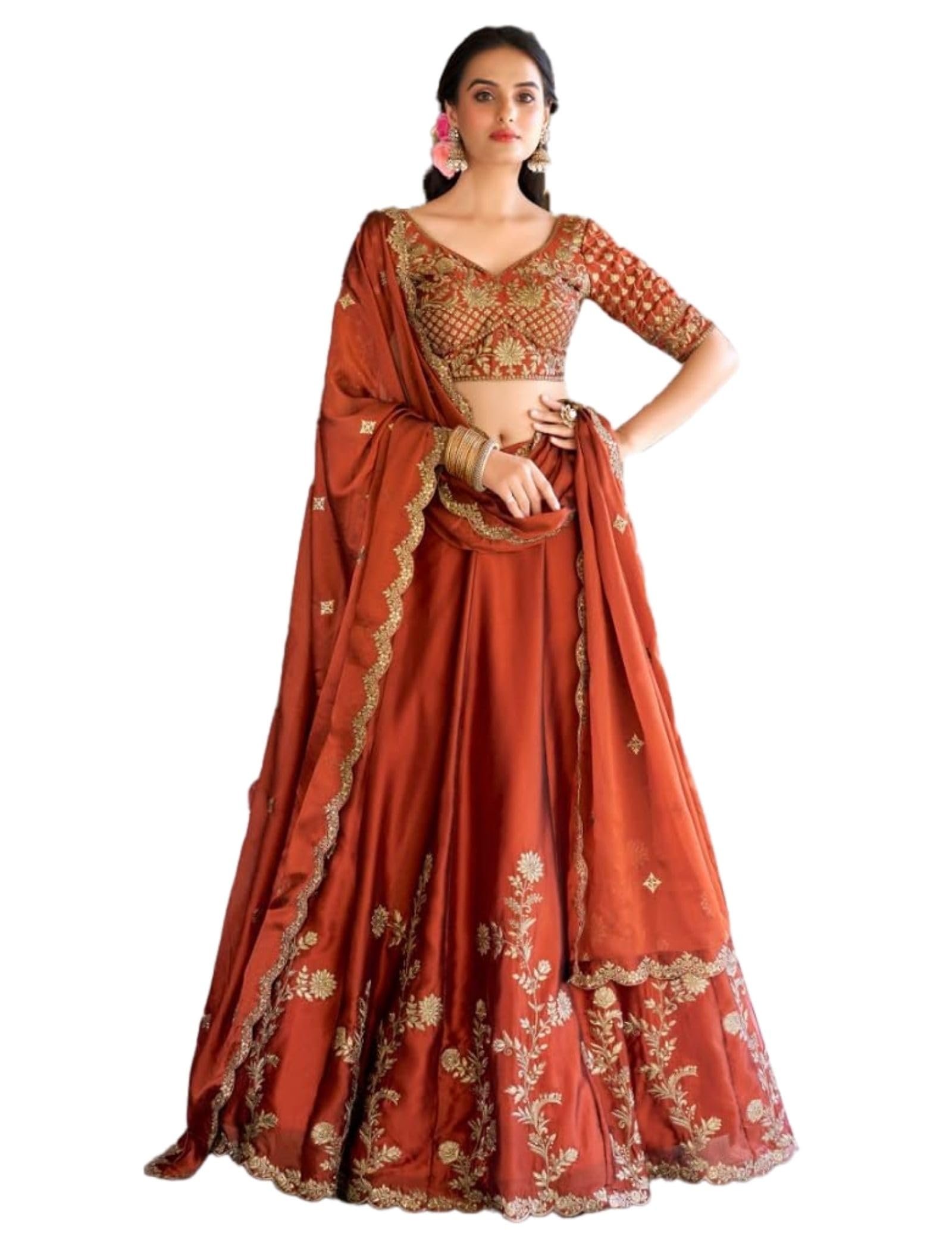Women's Orange Sequence Embroidery Work Silk Semi-Sttiched Lehenga Choli-JH290ORG