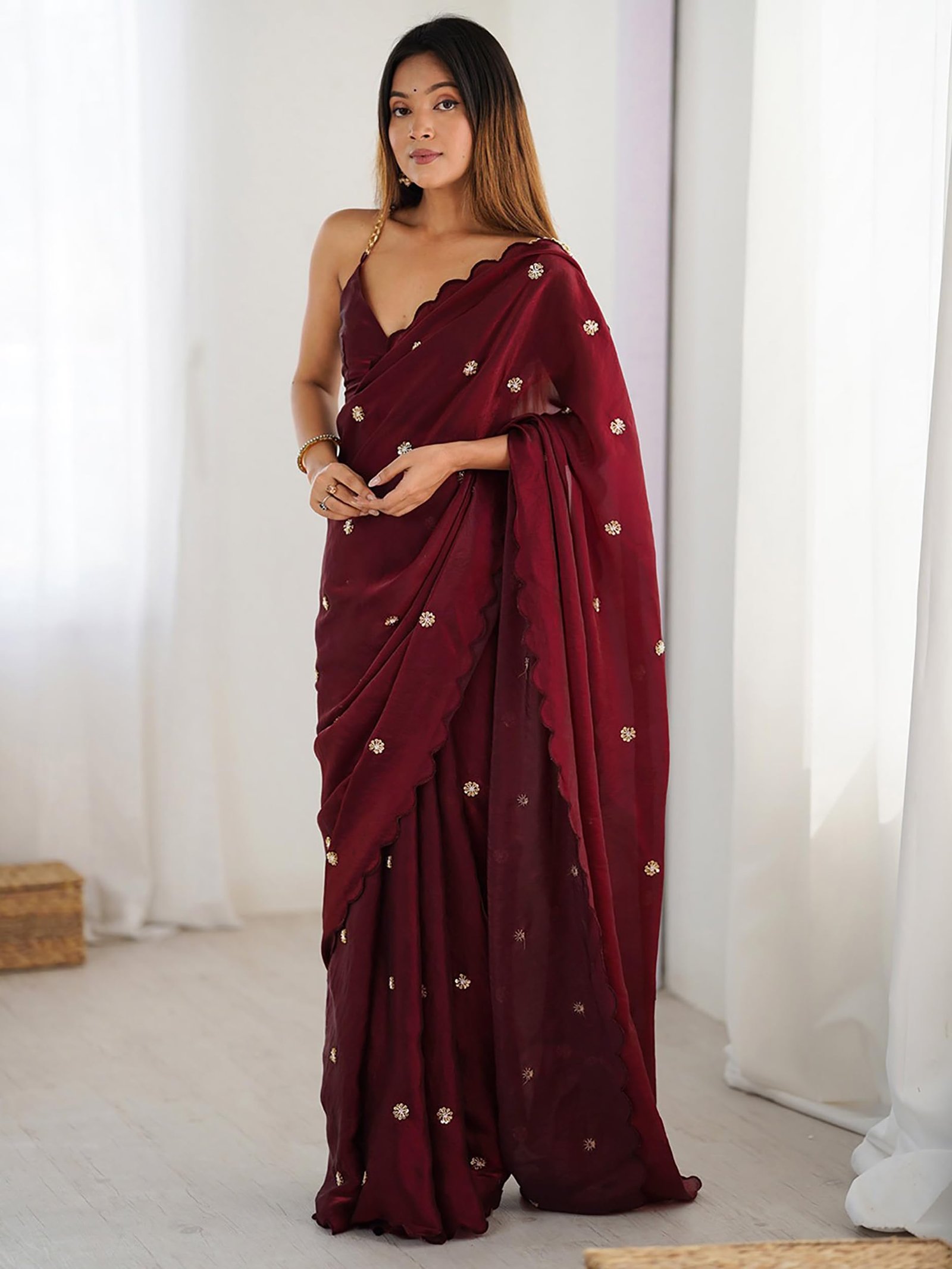 Women's Soft Fandy Satin Embroidered Saree with Sequin Work and Matching Dupion Blouse Piece (Maroon) - Image 4
