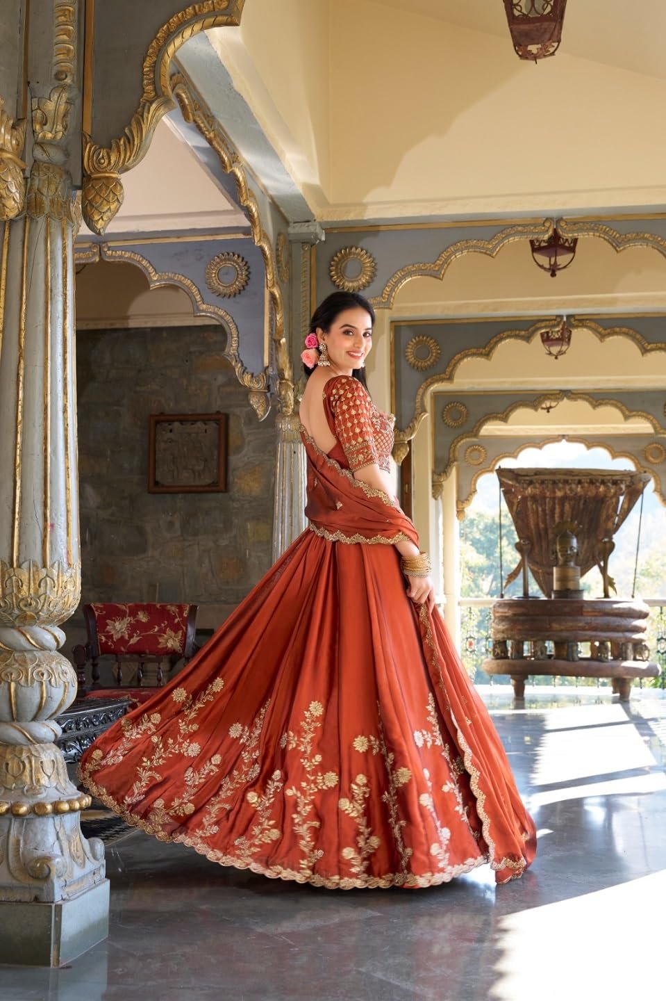 Women's Orange Sequence Embroidery Work Silk Semi-Sttiched Lehenga Choli-JH290ORG - Image 3