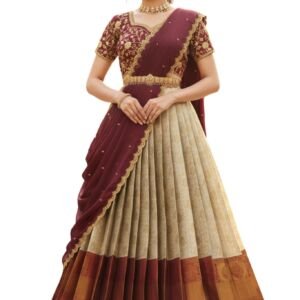Beautiful South Indian Style Unstitch Lehenga Choli for Women | PL235 (Cream)