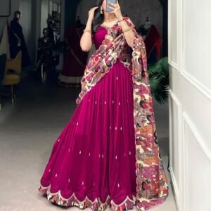 Women’s Wine Magenta Lehenga Choli with Dupatta | Stitched Tasar Silk Chaniya Choli | Kalamkari Print Ghagra with Lace Border | Party Wear Wedding Festive Ethnic Outfit