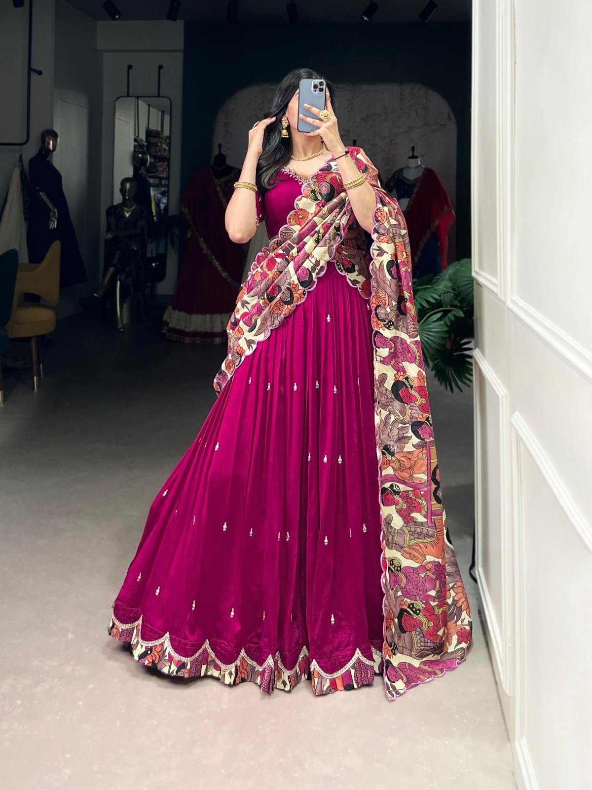 Womenβs Wine Magenta Lehenga Choli with Dupatta | Stitched Tasar Silk Chaniya Choli | Kalamkari Print Ghagra with Lace Border | Party Wear Wedding Festive Ethnic Outfit
