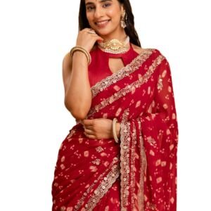 Women's Georgette Bandhani Printed Saree with Embroidered Scalloped Border (5788S8174_Dark Red)