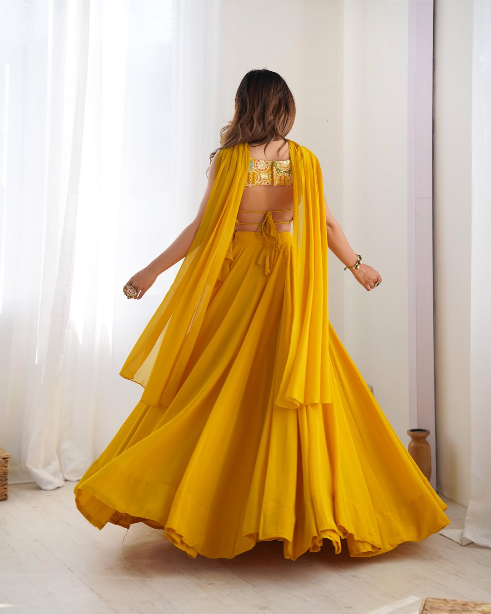 Women’s stitched Lehenga Choli Set with Dupatta | Festive Designer Outfit (Standard, Yellow) - Image 2