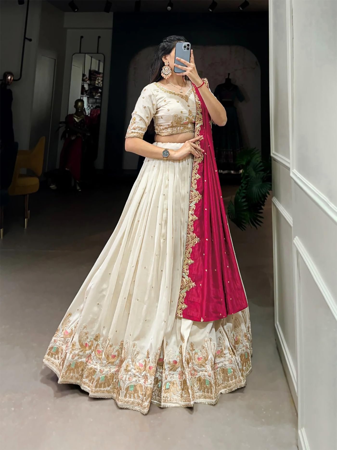 Women's Chinnon Traditional Motiff Semi-Stitched Lehenga Choli With Dupatta Set (Baarati 02) - Image 3