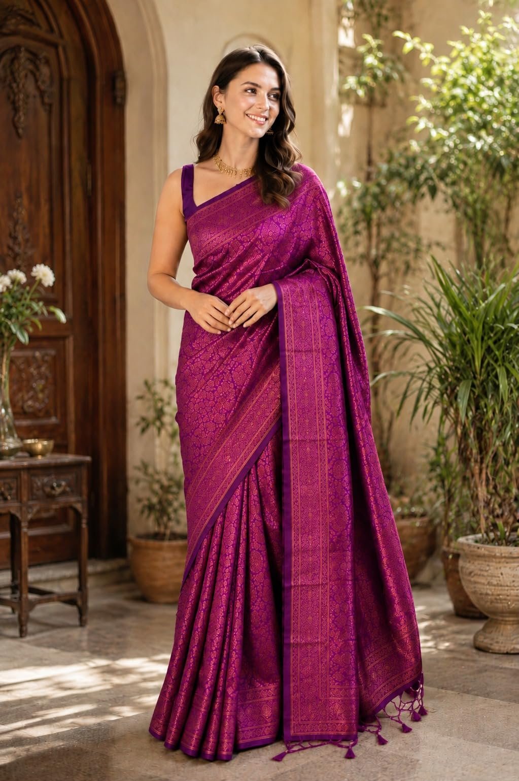 Womens Trendy Banarasi Jacquard Saree with Unstitched Blouse Piece | Festive Ethnic Wear - Image 2