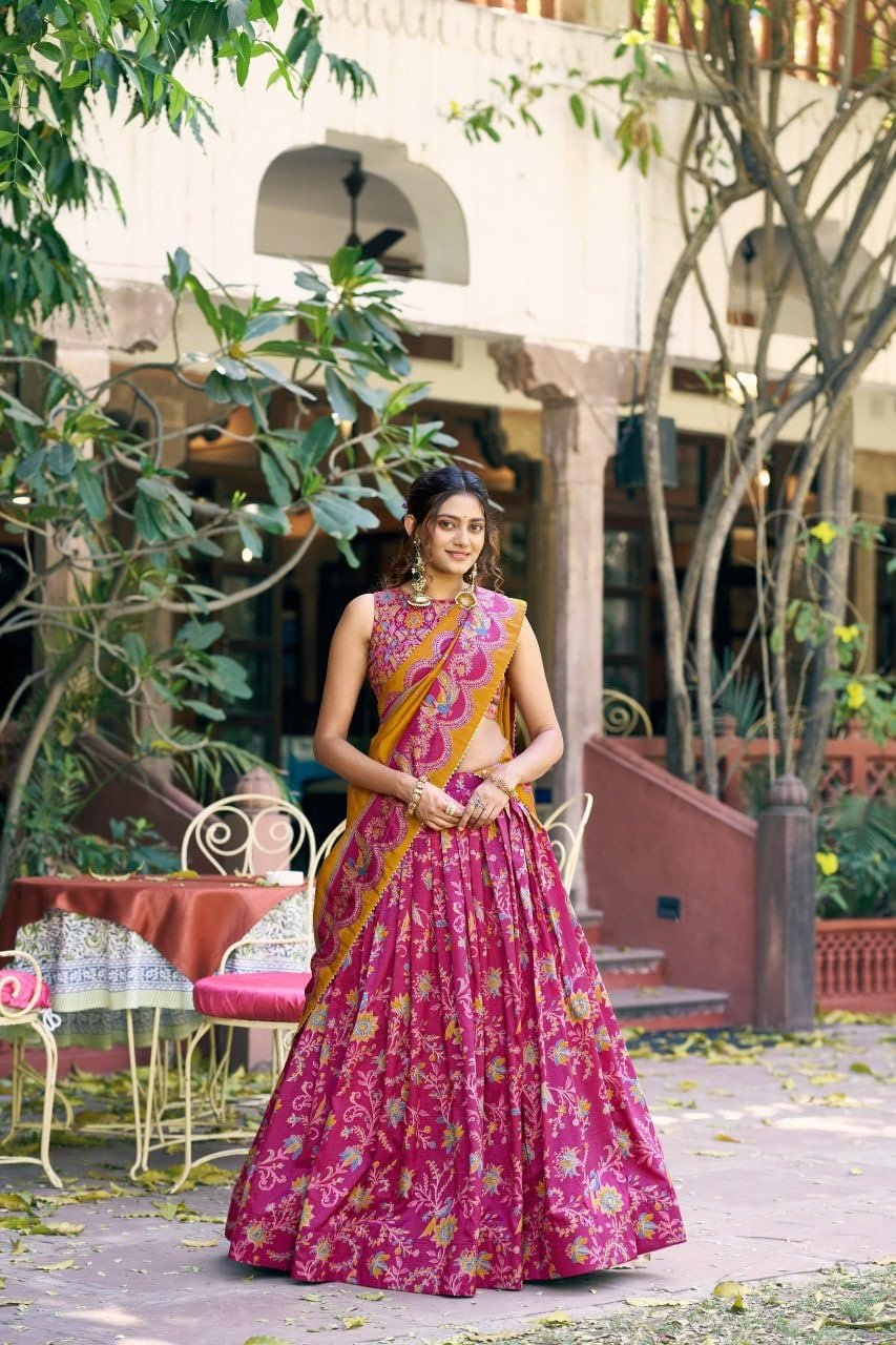 Pink Women's Dolla Tusser Silk Lehenga Choli with Dupatta, Floral Printed Designer Ghagra Choli, Foil Work Navratri Festive Traditional Ethnic Lehenga Set - Image 3