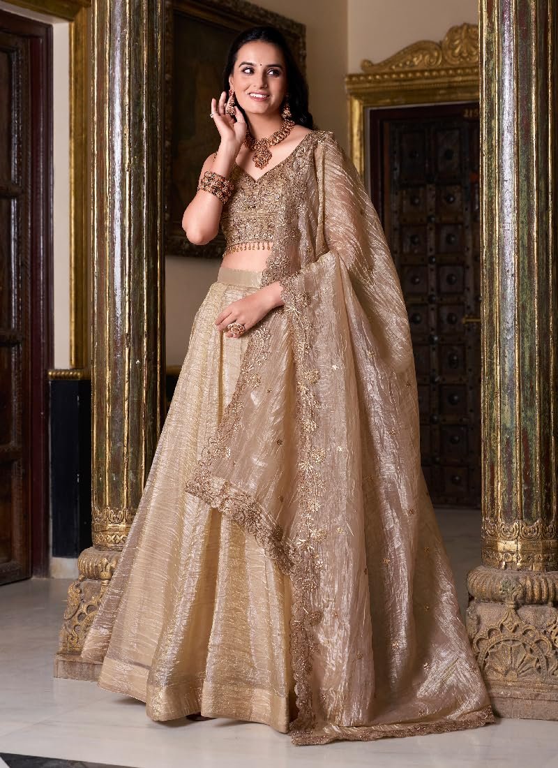 Women’s Cream Gold Crush Silk Zari Embroidery Work Semi Stiched Lehenga Choli - Image 4