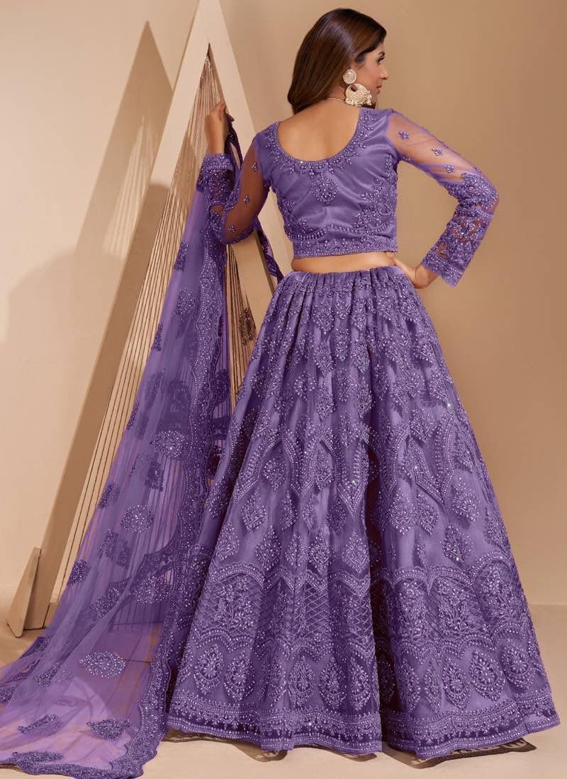 Women Lehenga Choli | Net Fabric Lehnega Choli and Dupatta | Round Neck Ethnic Outfit (Purple, Free) - Image 2