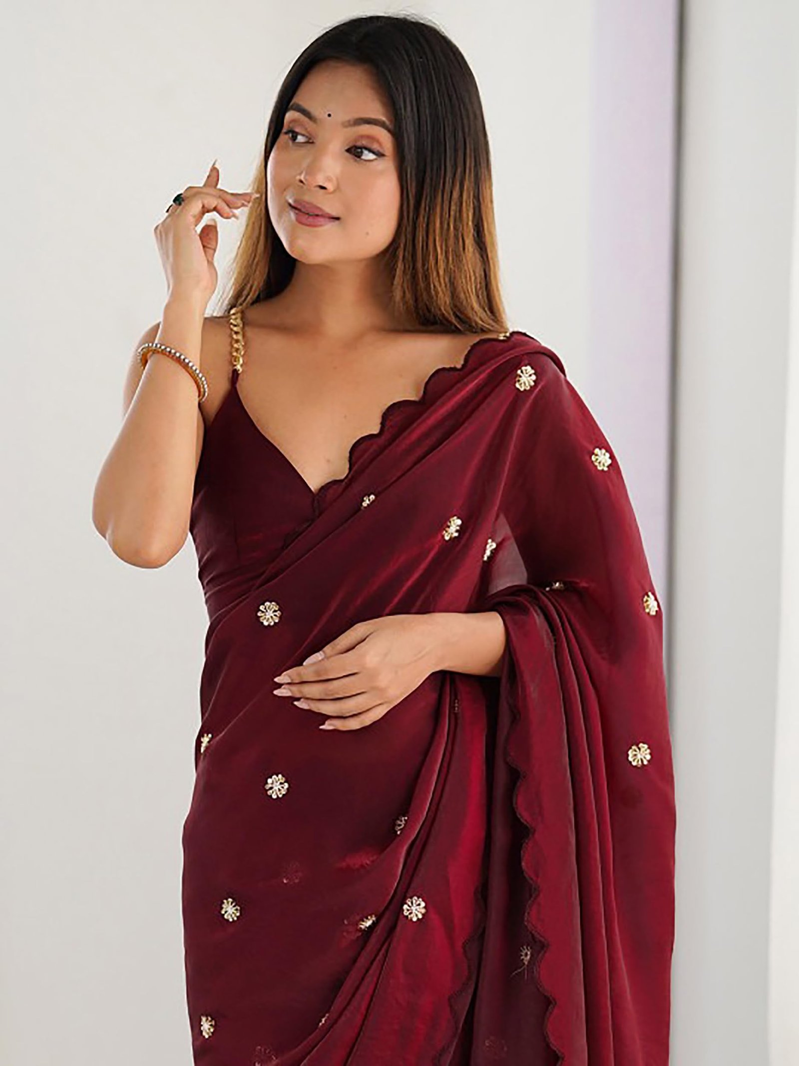 Women's Soft Fandy Satin Embroidered Saree with Sequin Work and Matching Dupion Blouse Piece (Maroon) - Image 3