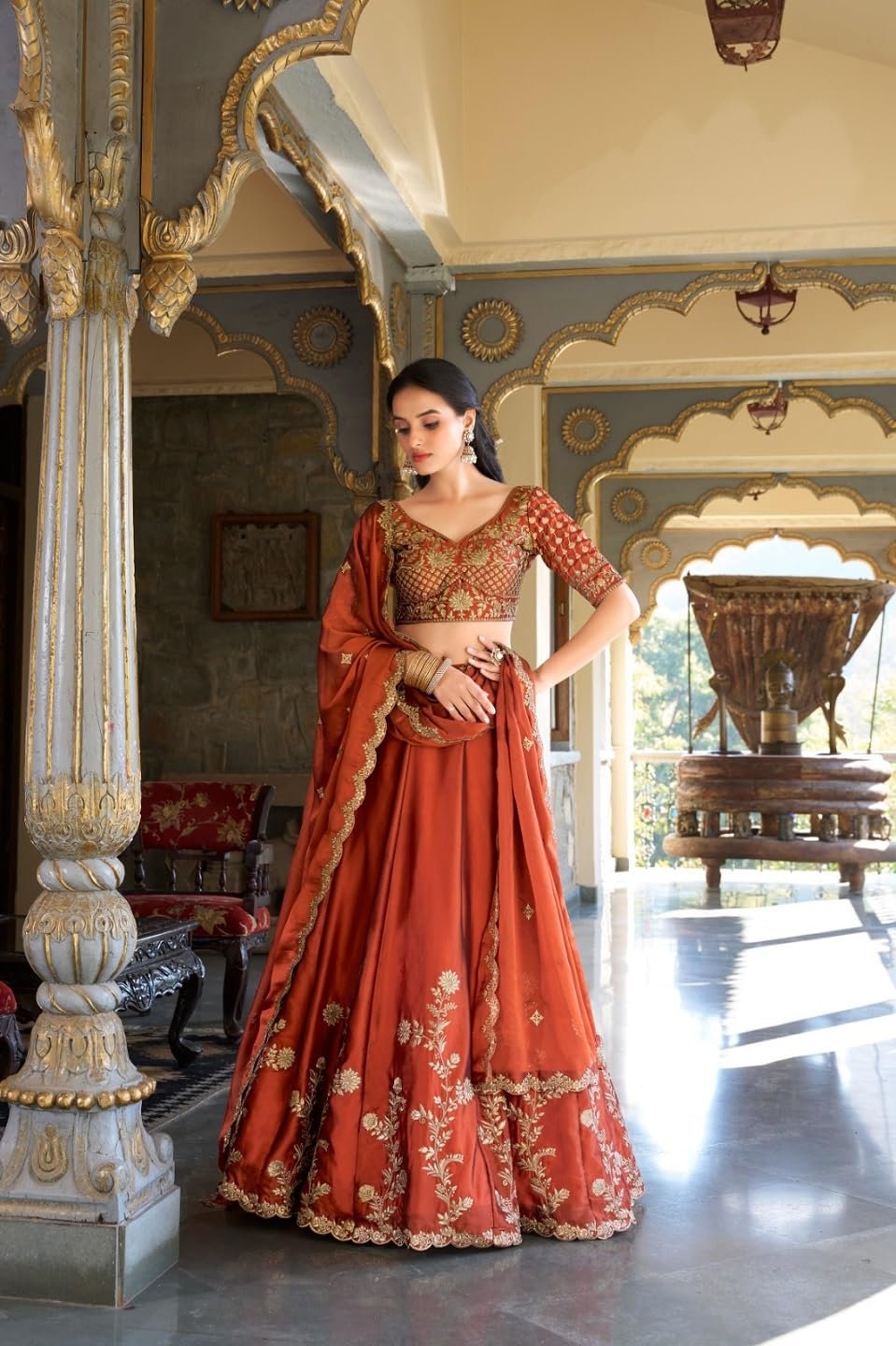 Women's Orange Sequence Embroidery Work Silk Semi-Sttiched Lehenga Choli-JH290ORG - Image 2