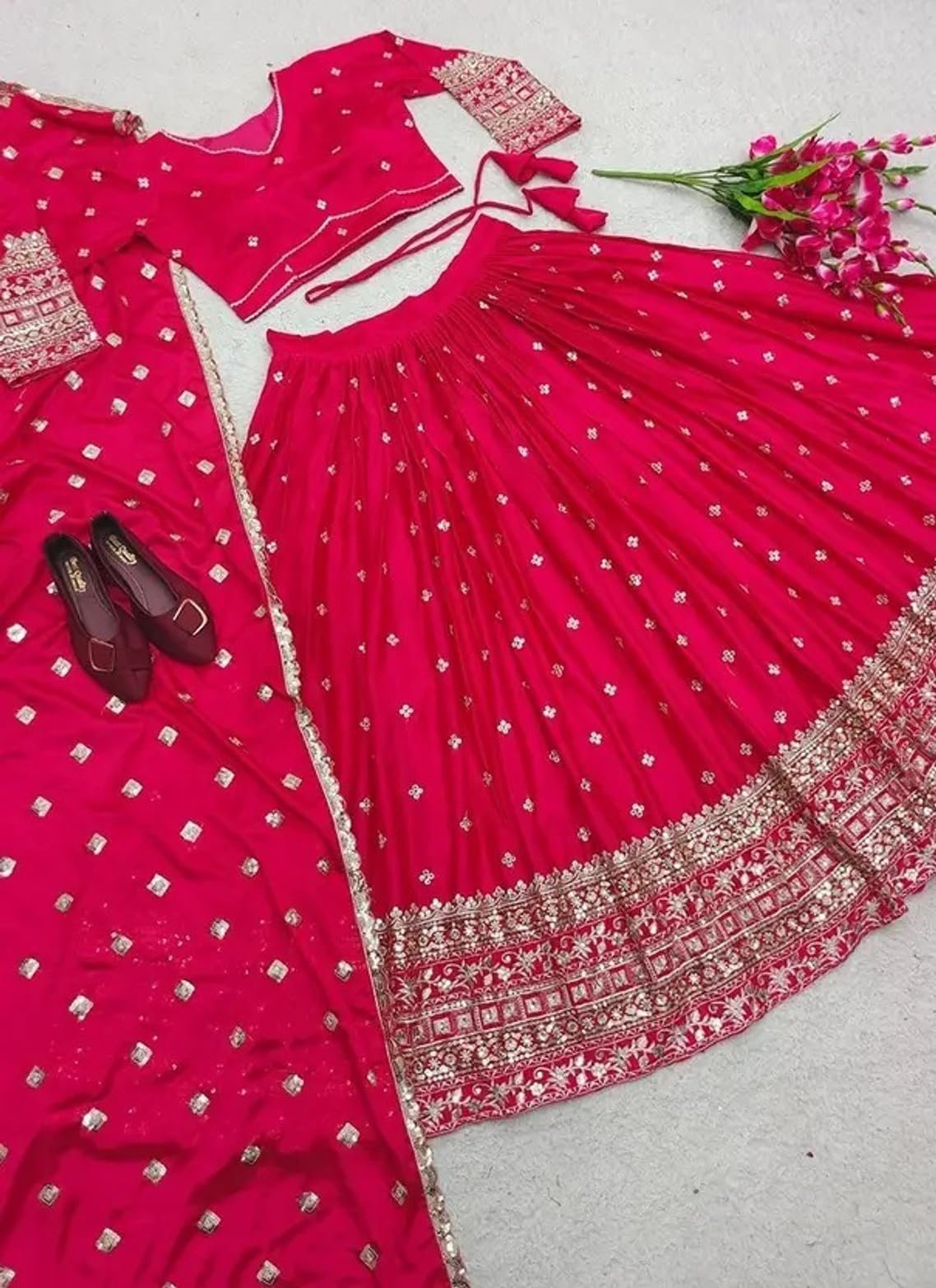 Chinon Embroidered Lehenga Choli for Women, Semi-Stitched, Bridal Wear with Dupatta (RANI) - Image 3