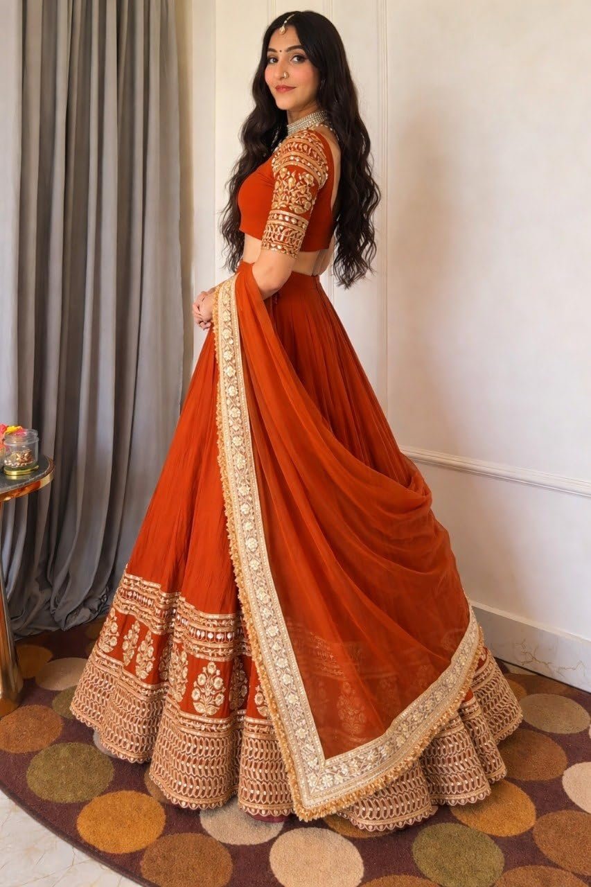 Women's Orange Designer Lehenga Choli with Dupatta | Georgette Embroidered Sequence Work Semi Stitched Wedding Lehenga for Women | Party Wear Festive Ethnic Outfit - Image 3