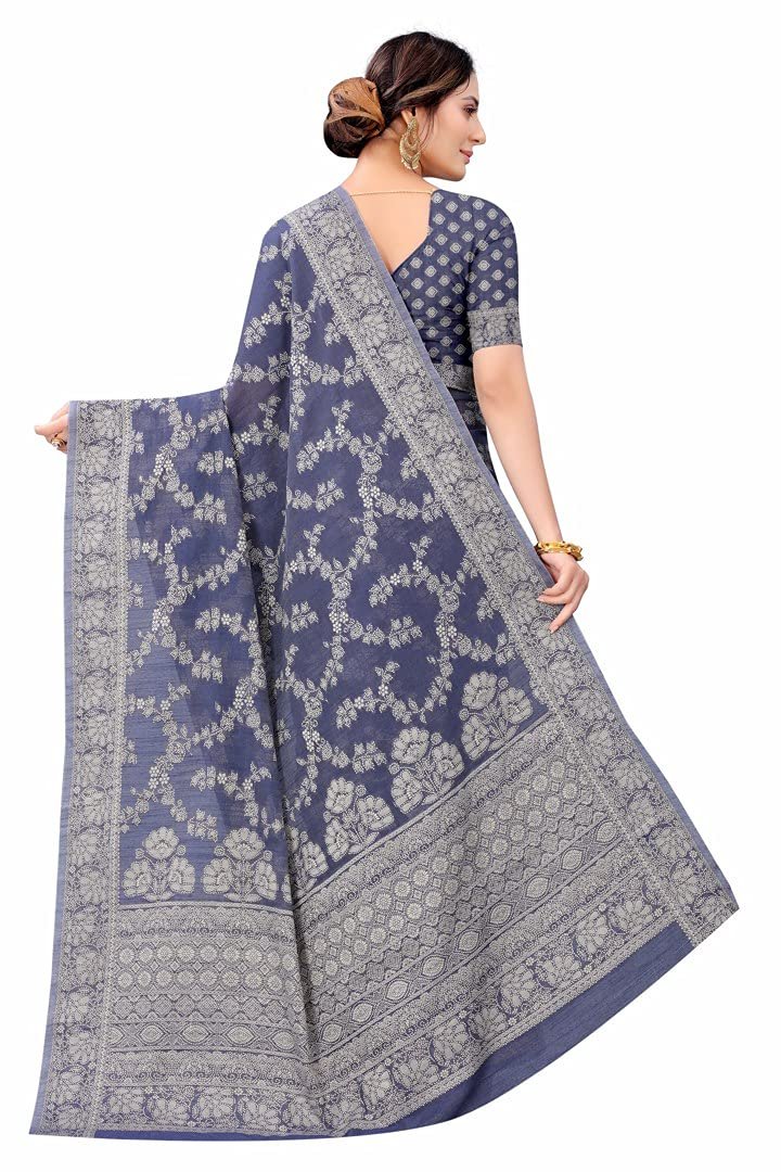 Women's Lucknowi Chikankari Linen Cotton Woven Sarees For Women With Blouse Sarees For Women - Blue - Image 5