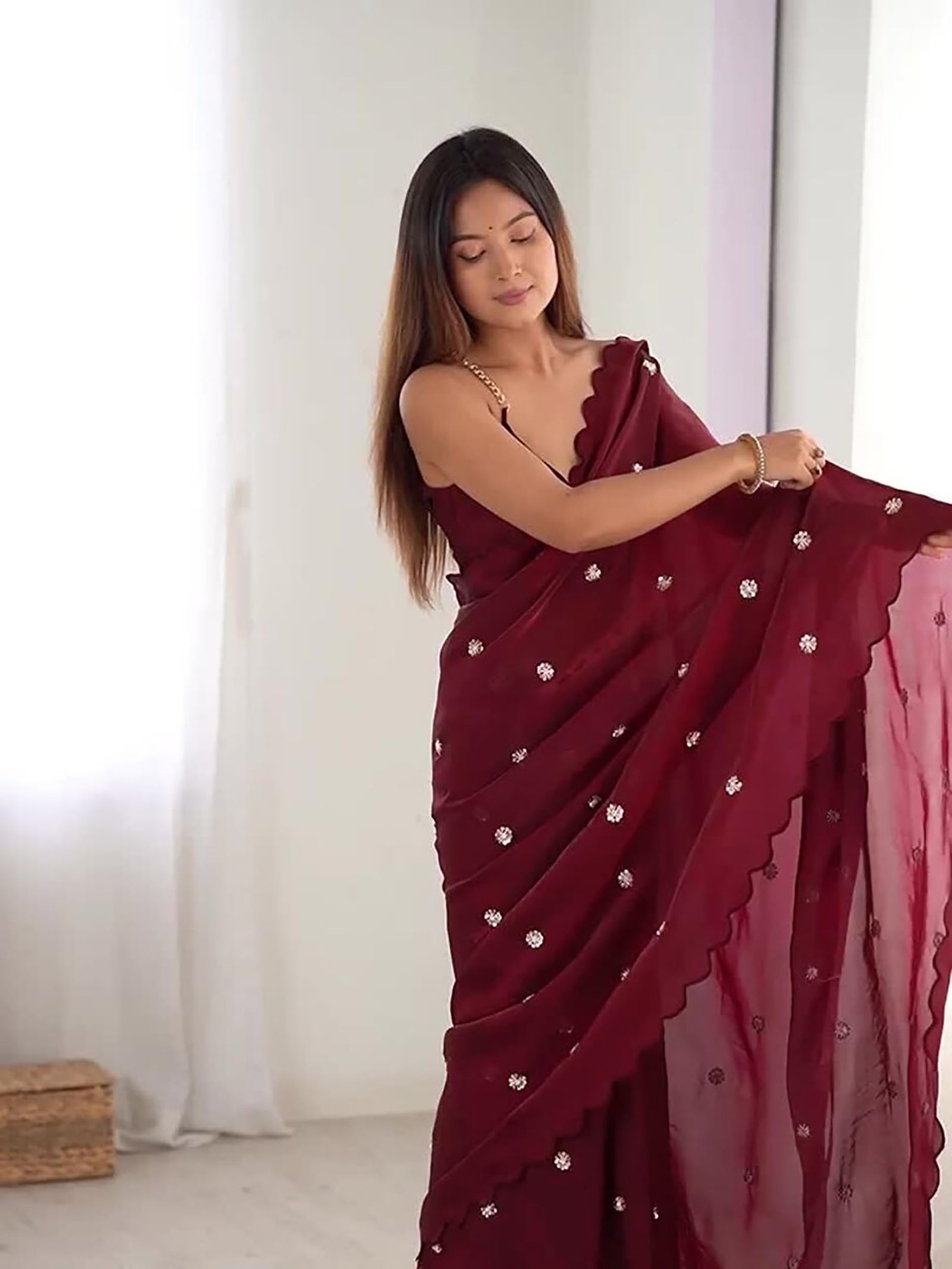 Women's Soft Fandy Satin Embroidered Saree with Sequin Work and Matching Dupion Blouse Piece (Maroon) - Image 2