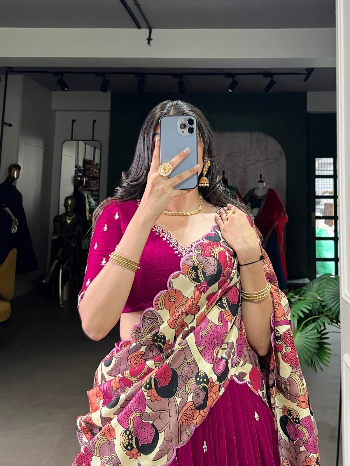 Womenβs Wine Magenta Lehenga Choli with Dupatta | Stitched Tasar Silk Chaniya Choli | Kalamkari Print Ghagra with Lace Border | Party Wear Wedding Festive Ethnic Outfit - Image 2