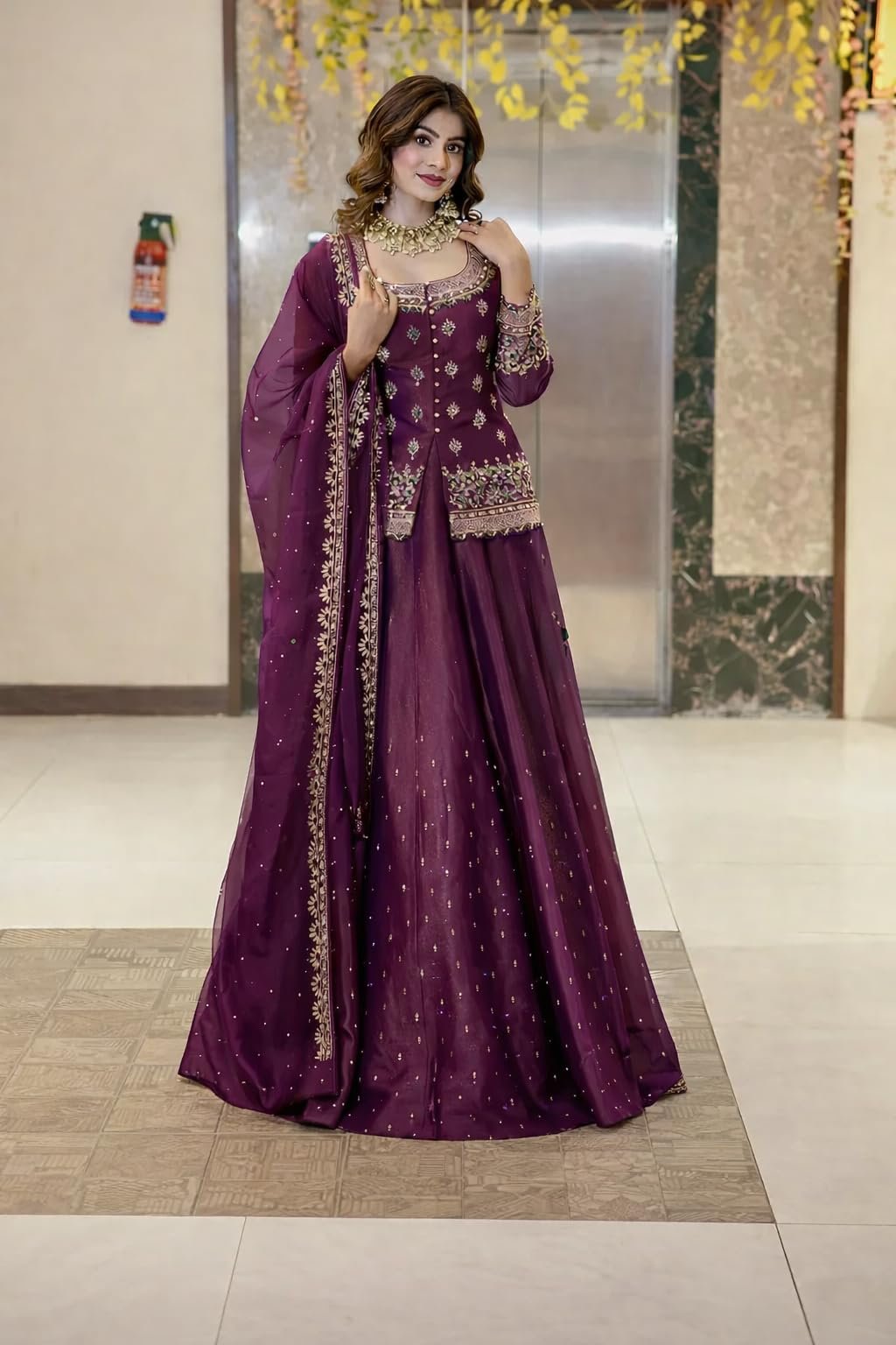 Women’s Chanderi Silk Embroidered Kurta Set with Lehenga Style Bottom & Dupatta | Bollywood Style Embroidery lehenga Choli Set For Woman - Image 2