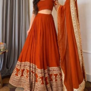 Women's Orange Designer Lehenga Choli with Dupatta | Georgette Embroidered Sequence Work Semi Stitched Wedding Lehenga for Women | Party Wear Festive Ethnic Outfit