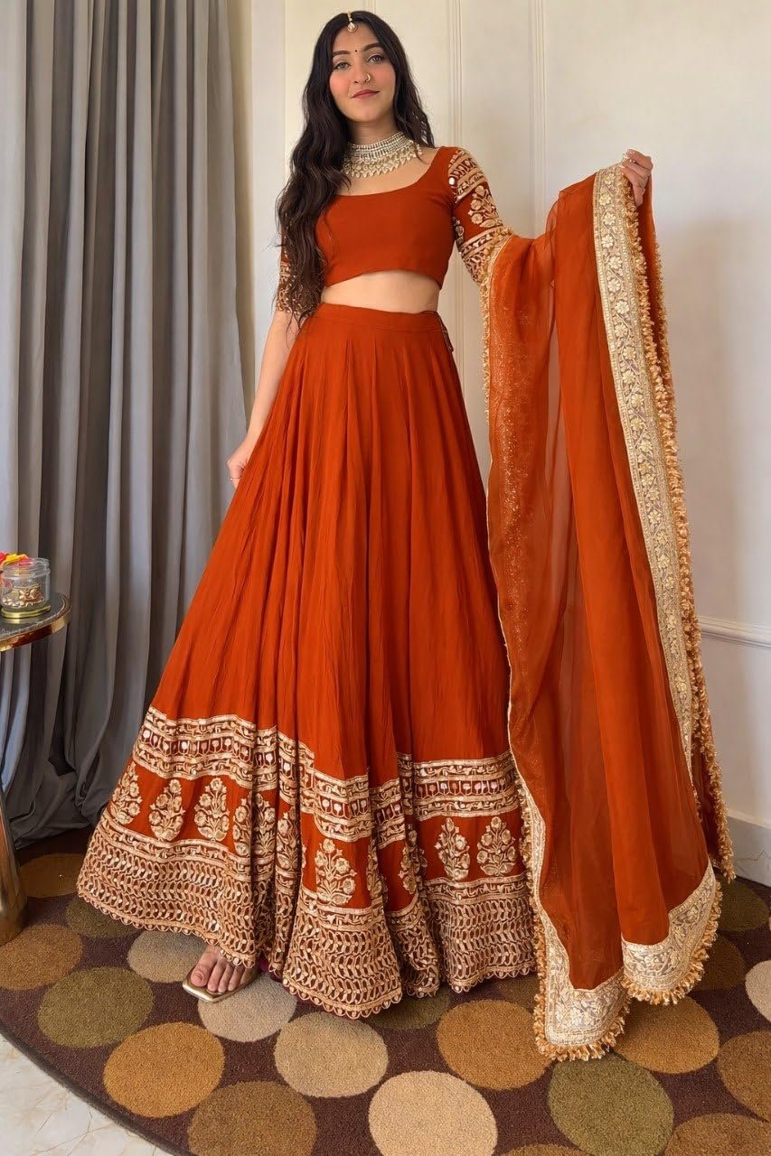 Women's Orange Designer Lehenga Choli with Dupatta | Georgette Embroidered Sequence Work Semi Stitched Wedding Lehenga for Women | Party Wear Festive Ethnic Outfit