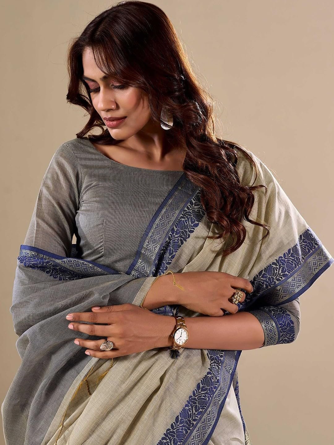 Women's Cotton silk saree for Patola festival Wedding silk with blouse piece (GREY) - Image 4