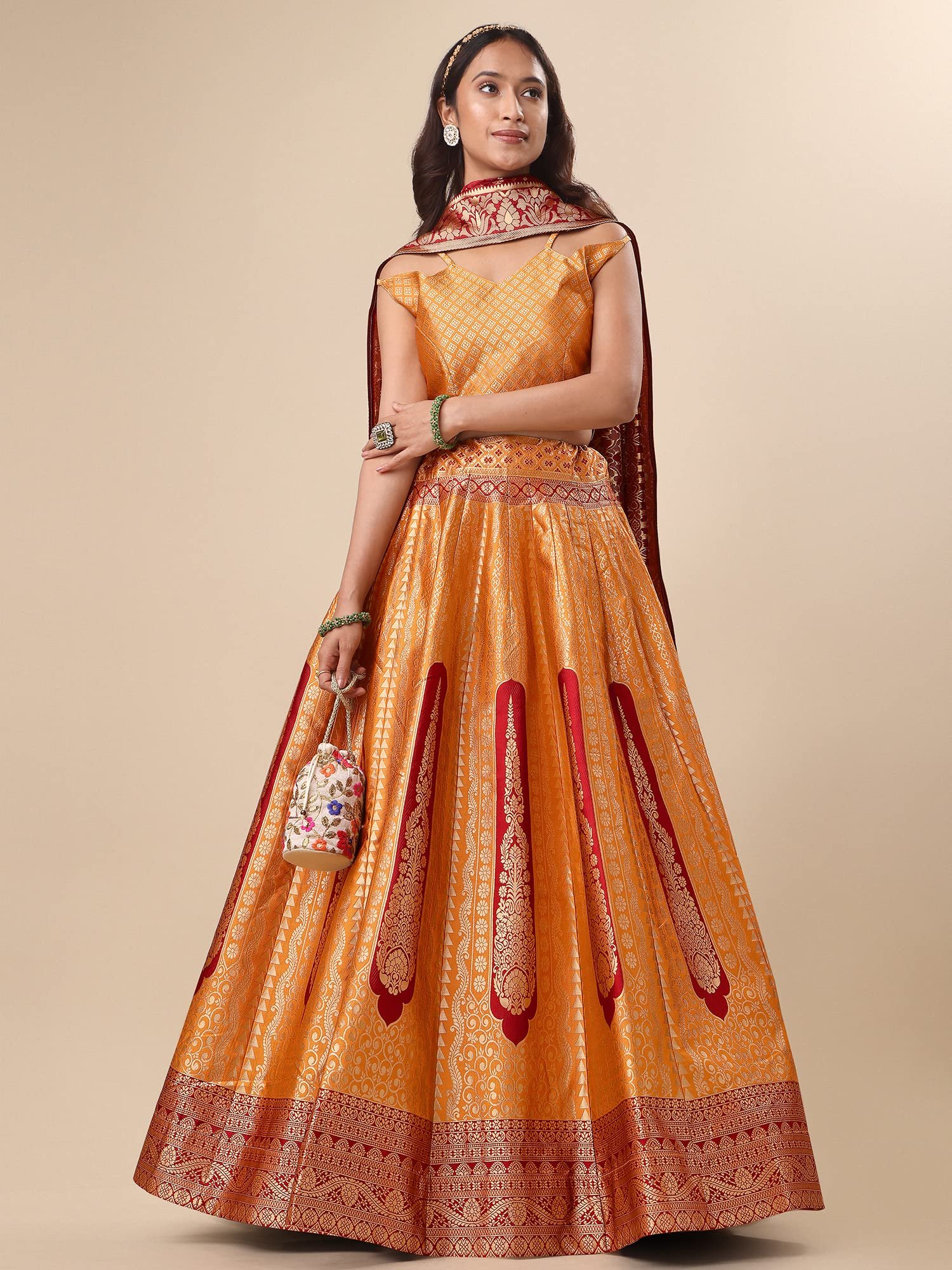 Women's Jacquard Semi-Stitched Lehenga choli (Lihaaz-Yellow_Yellow_Free Size) - Image 4