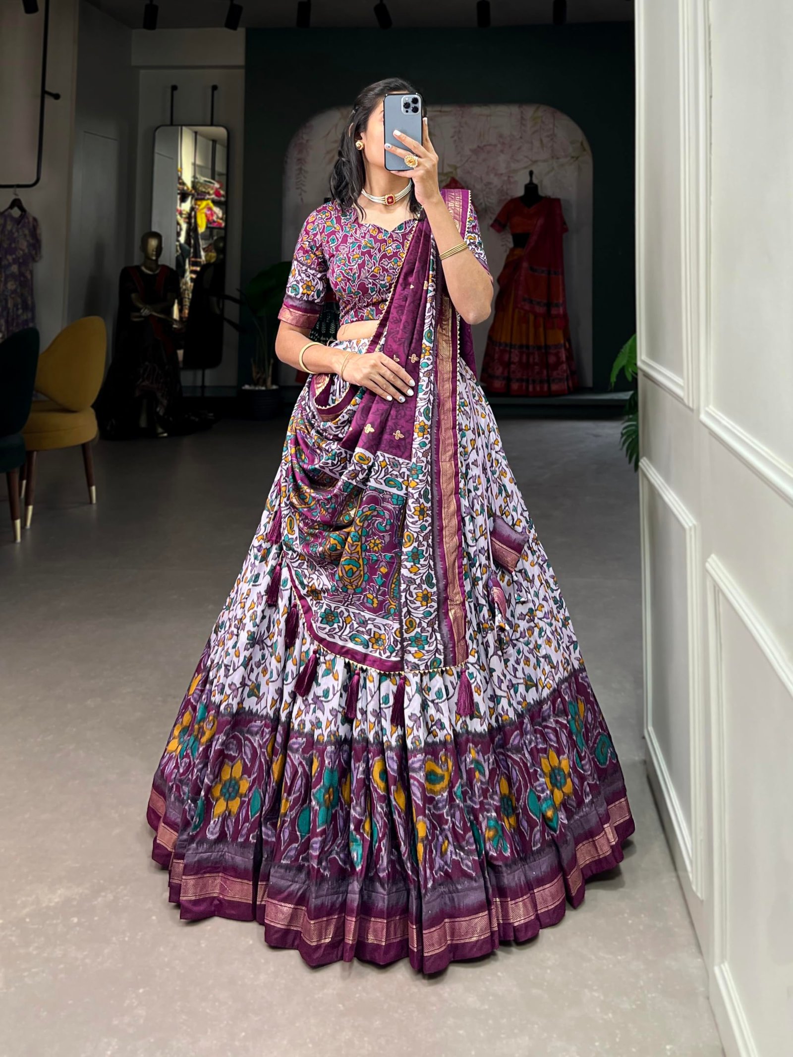 Women's Trending Designeer Tussar Silk Lehenga Choli Print with Foil Work With Unstitched Blouse Patola Print Adorned with Foil Work For Navrati || Wedding || Festival (1217 PURPLE) - Image 5