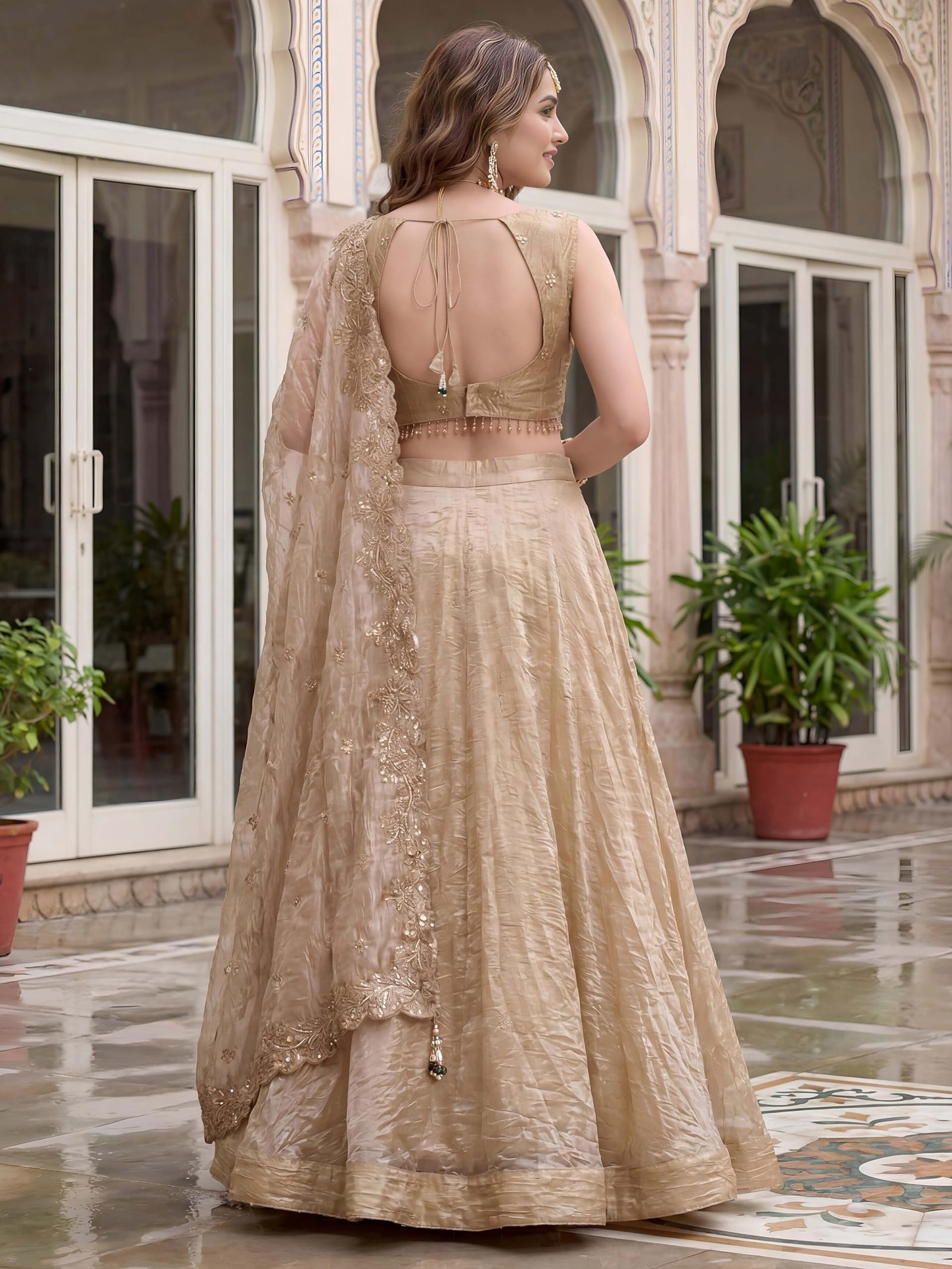 Women's Zari Sequins Embroidered Work Crush Silk Lehenga Choli With Dupatta (5136-Golden-Women-Lehenga-Choli-Latest; Free size) - Image 6