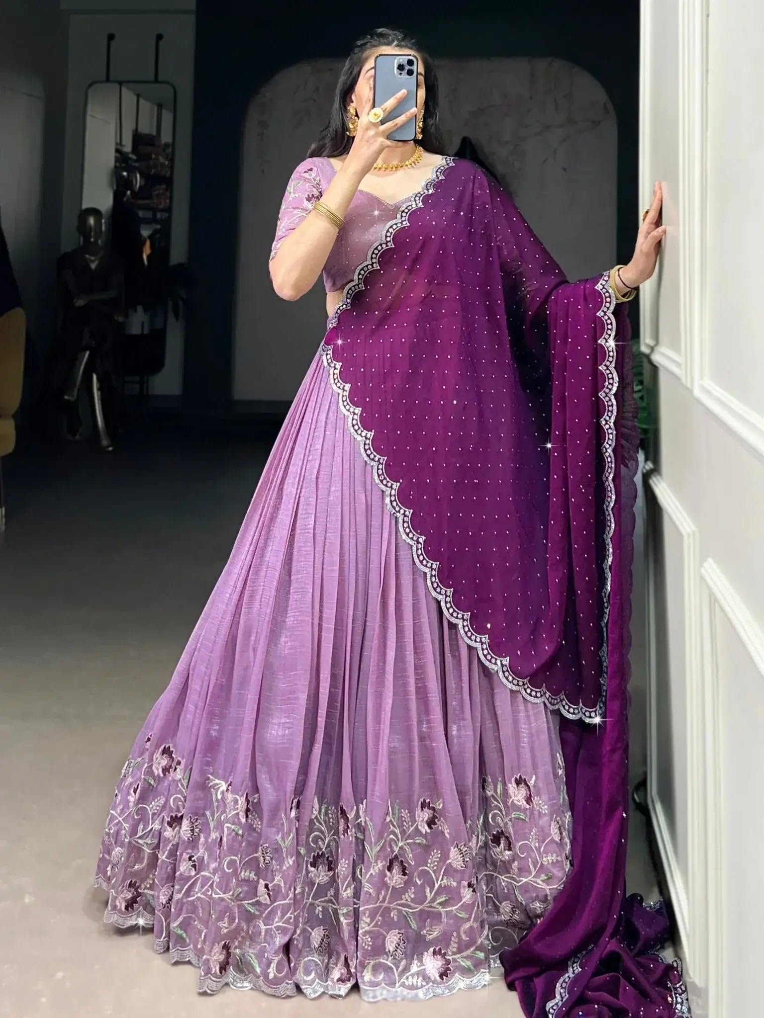 Women's Chinnon Silk Embroidered Semi Stitched Lehenga Choli With Dupatta - Image 4