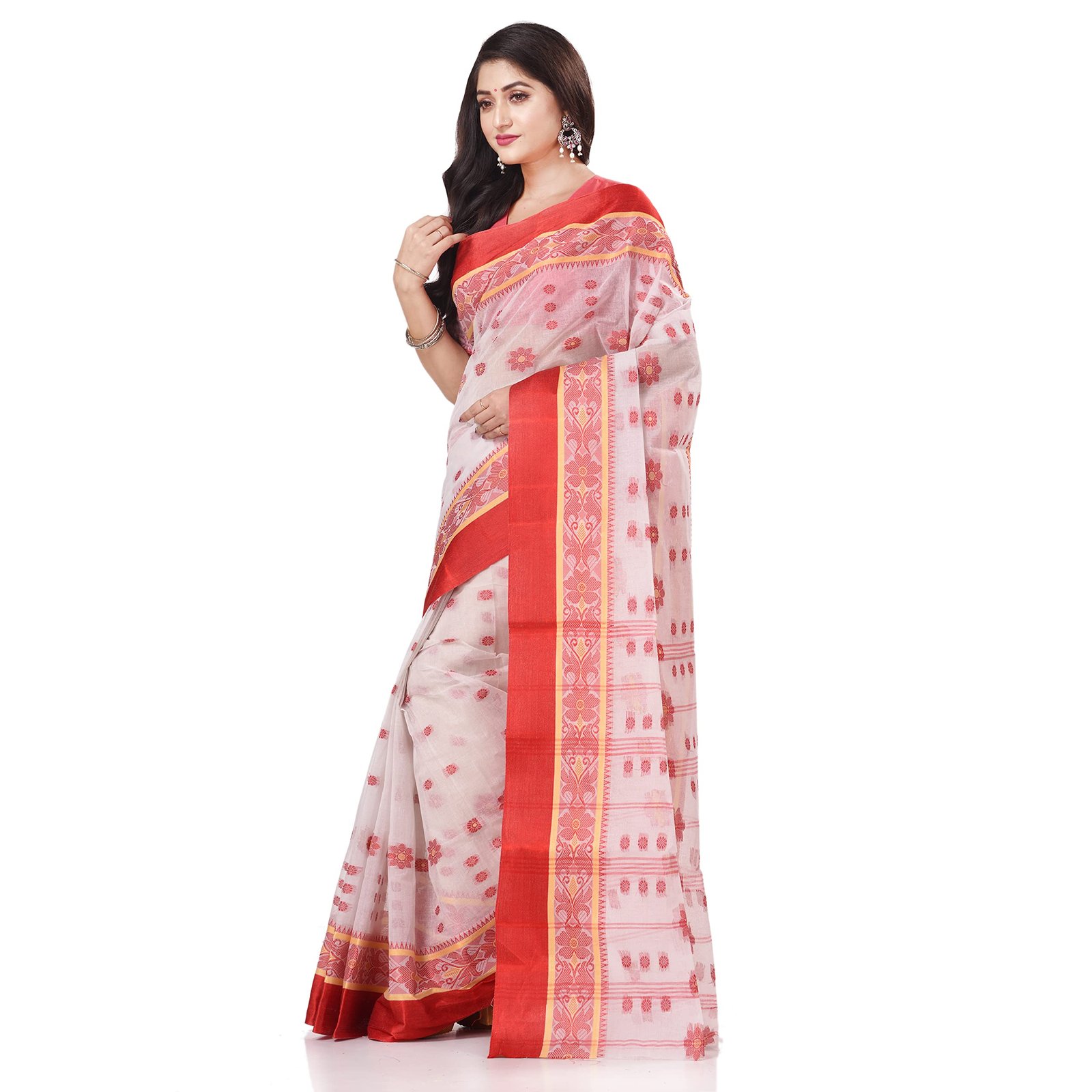 Women's Tant Cotton Saree Without Blouse Piece (Dbphulkoli060822_White Red) - Image 3