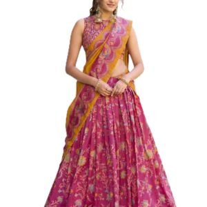 Pink Women's Dolla Tusser Silk Lehenga Choli with Dupatta, Floral Printed Designer Ghagra Choli, Foil Work Navratri Festive Traditional Ethnic Lehenga Set