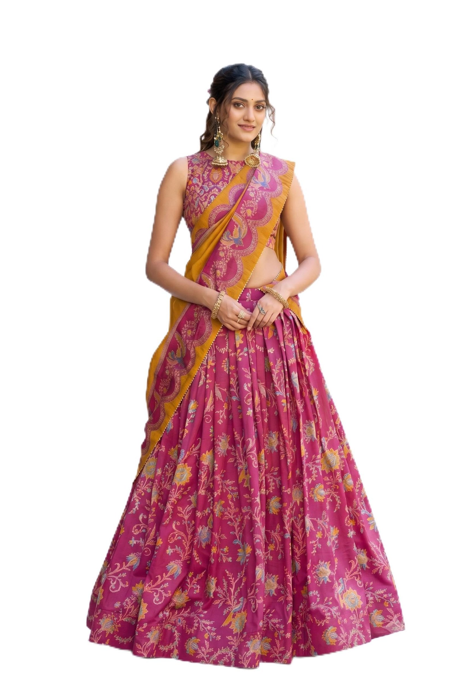 Pink Women's Dolla Tusser Silk Lehenga Choli with Dupatta, Floral Printed Designer Ghagra Choli, Foil Work Navratri Festive Traditional Ethnic Lehenga Set
