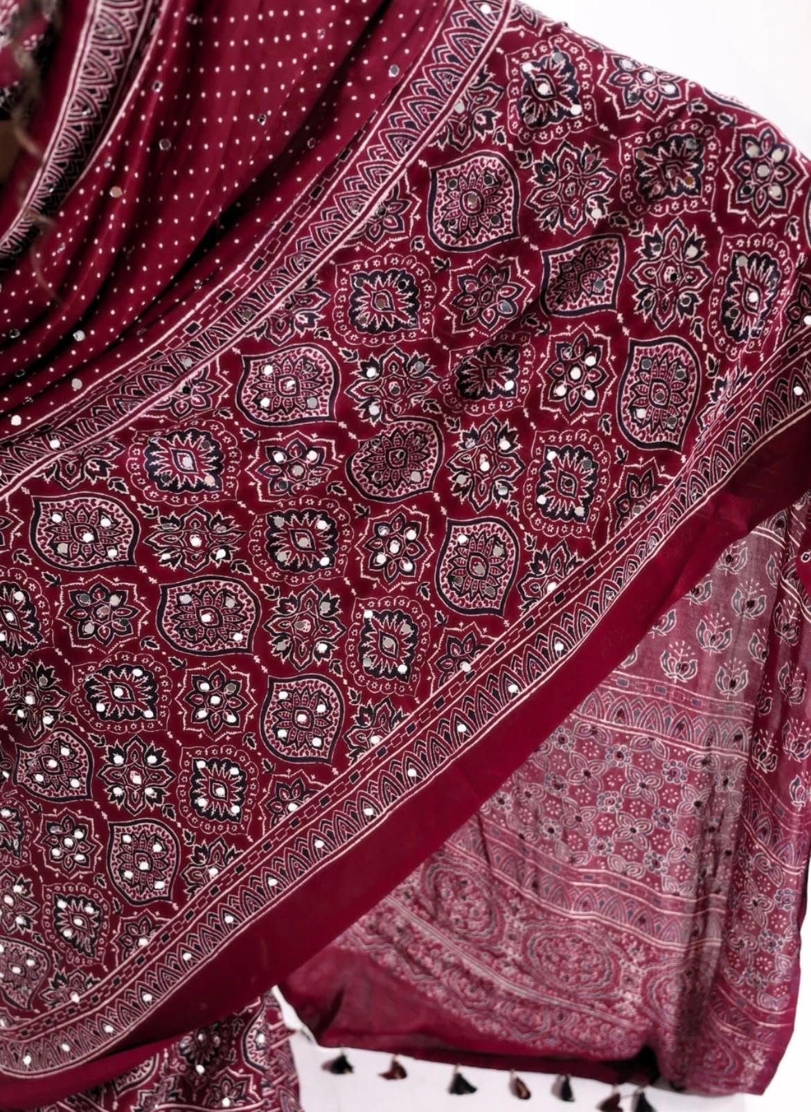 Ajrakh Modal Silk Saree for Women | Mirror Work Red Saree | Gajji Silk Black Pallu Tassels | Designer Sarees for Women Party | Ajrakh Print Saree | Modal Silk Sarees Original - Image 6