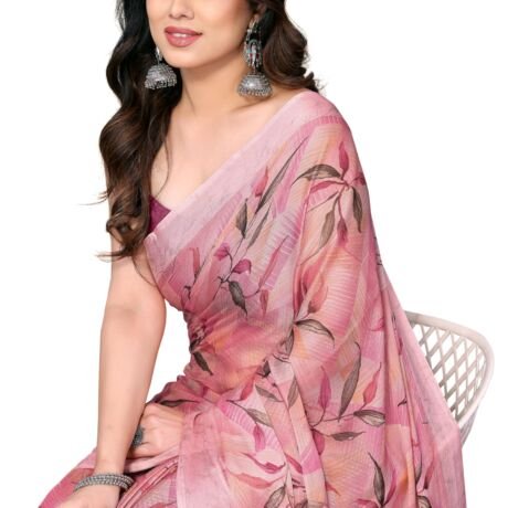 Chiffon Georgette Floral Printed Sarees for Women with Blouse Piece (40771-Peach)