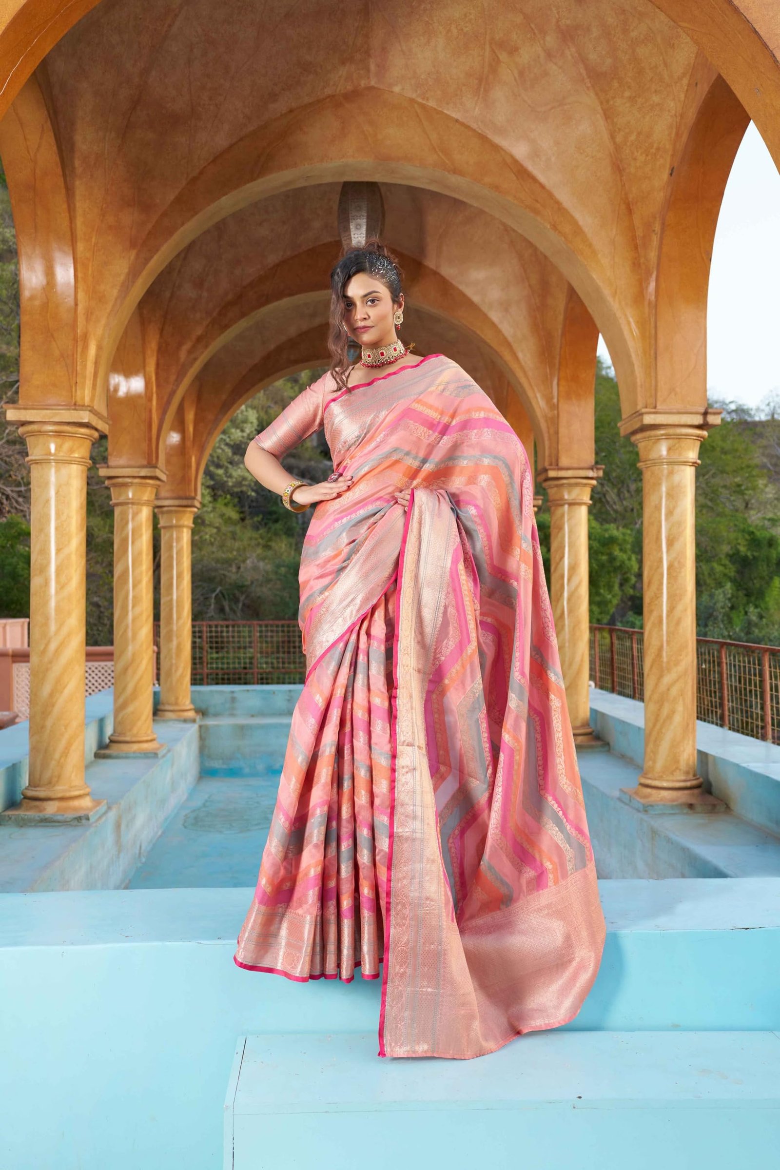 Womens Kanjivaram Banarasi Silk Saree Patola saree with Unstitched blouse piece (PEACH) - Image 4