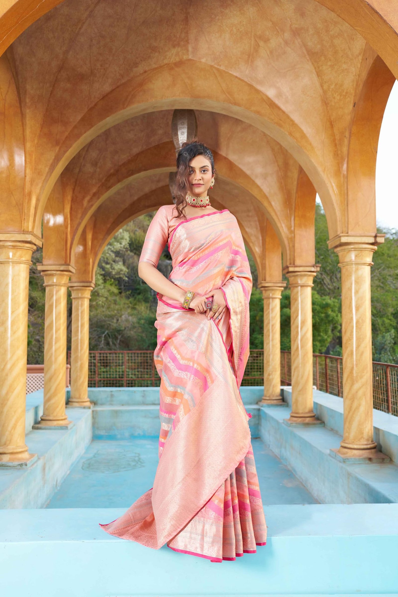 Womens Kanjivaram Banarasi Silk Saree Patola saree with Unstitched blouse piece (PEACH) - Image 6