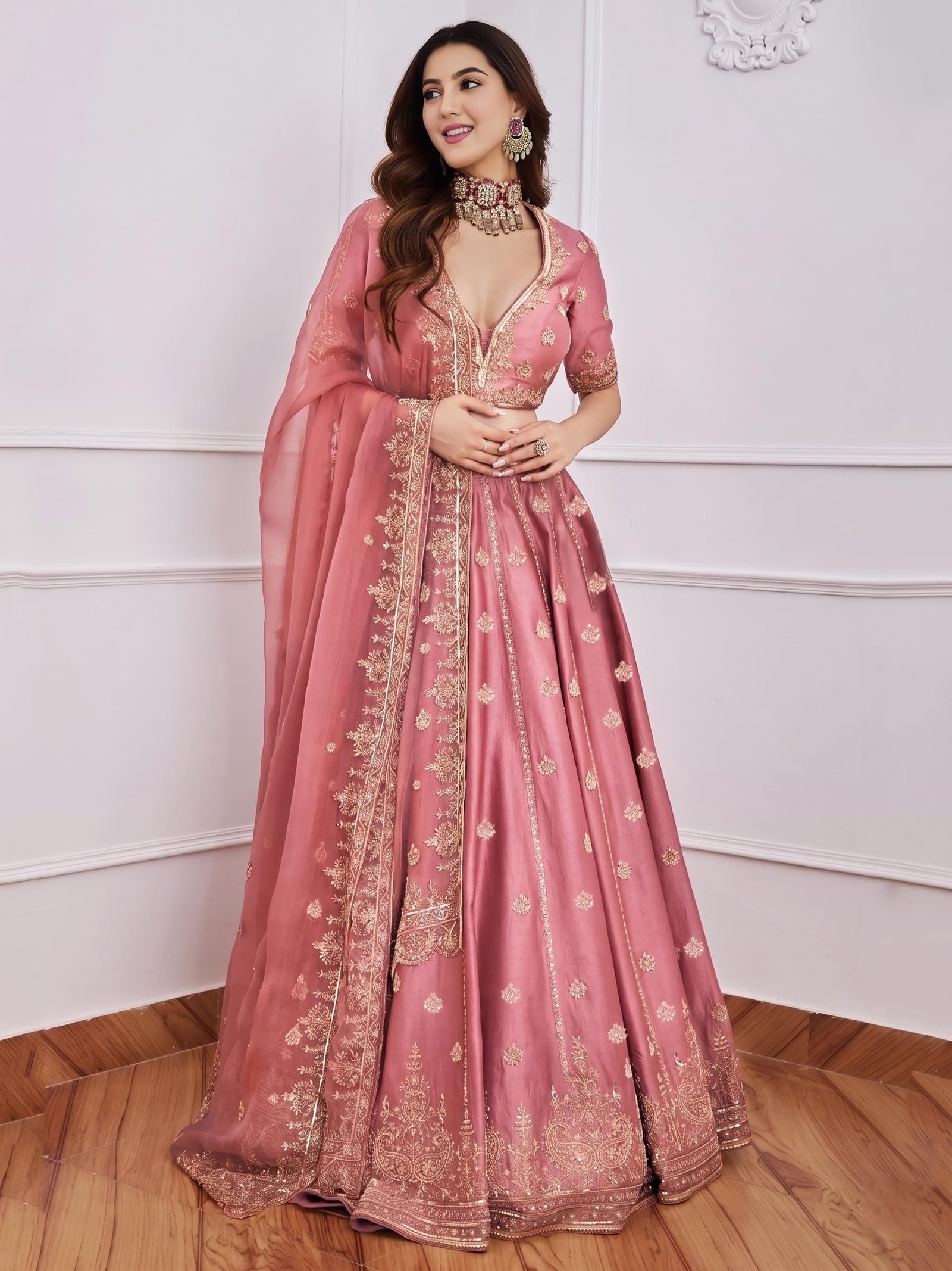 Women’s Bridal Silk Lehenga Choli Set with Intricate Embroidery and Dupatta for Wedding Reception Festive Celebration (Pink) - Image 3