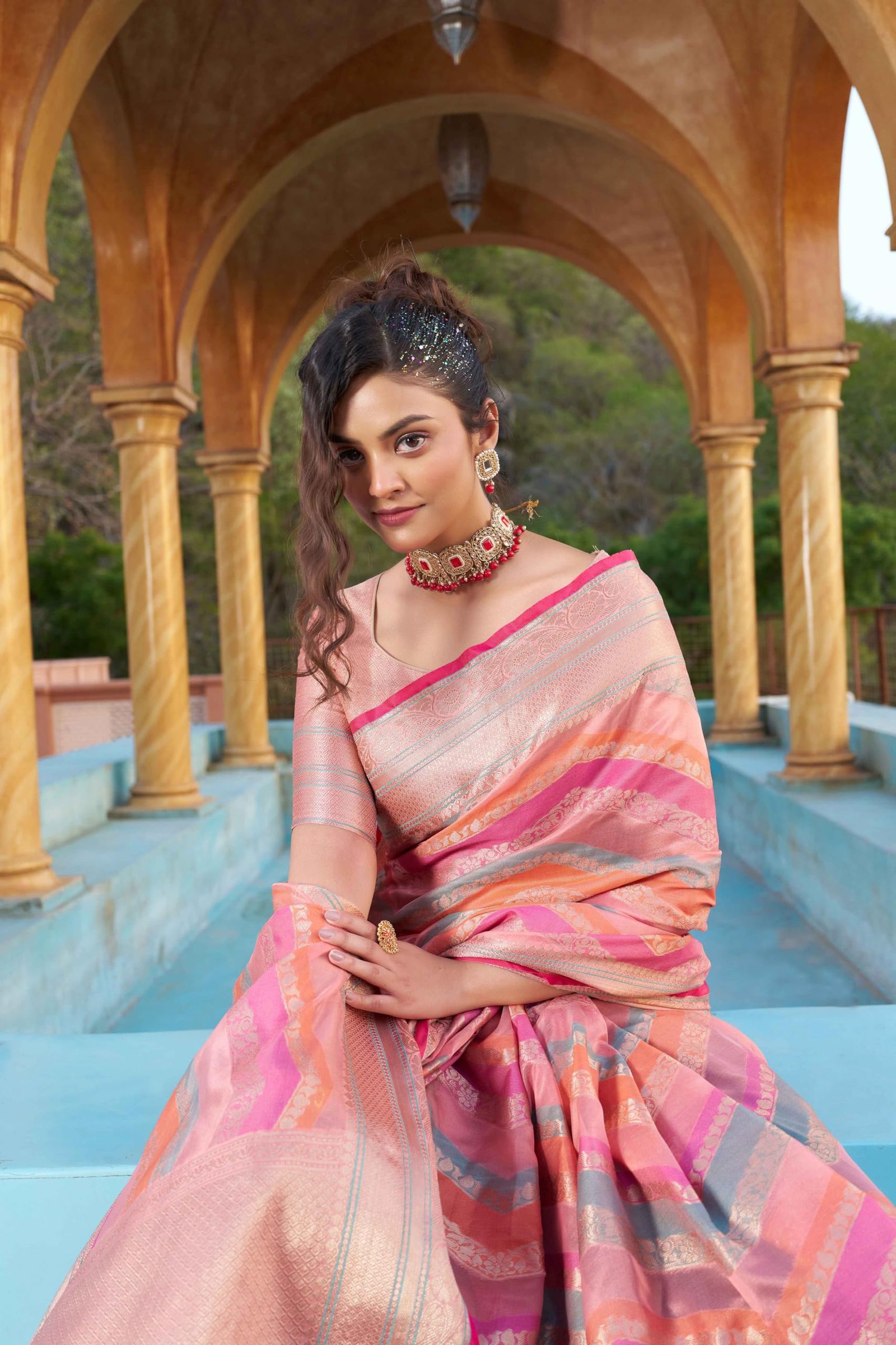 Womens Kanjivaram Banarasi Silk Saree Patola saree with Unstitched blouse piece (PEACH) - Image 9