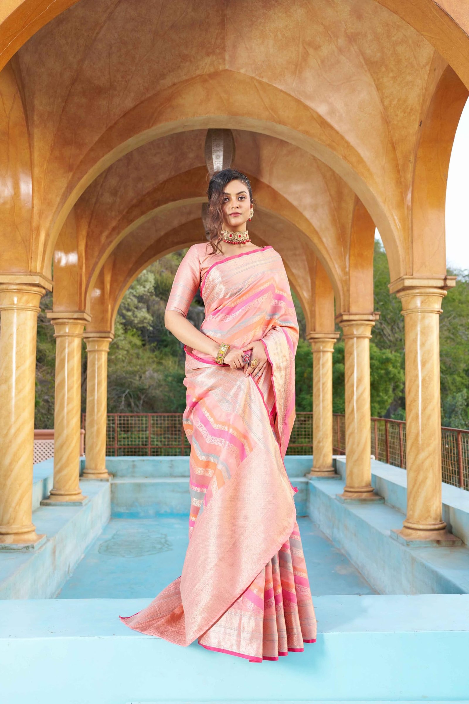 Womens Kanjivaram Banarasi Silk Saree Patola saree with Unstitched blouse piece (PEACH) - Image 5