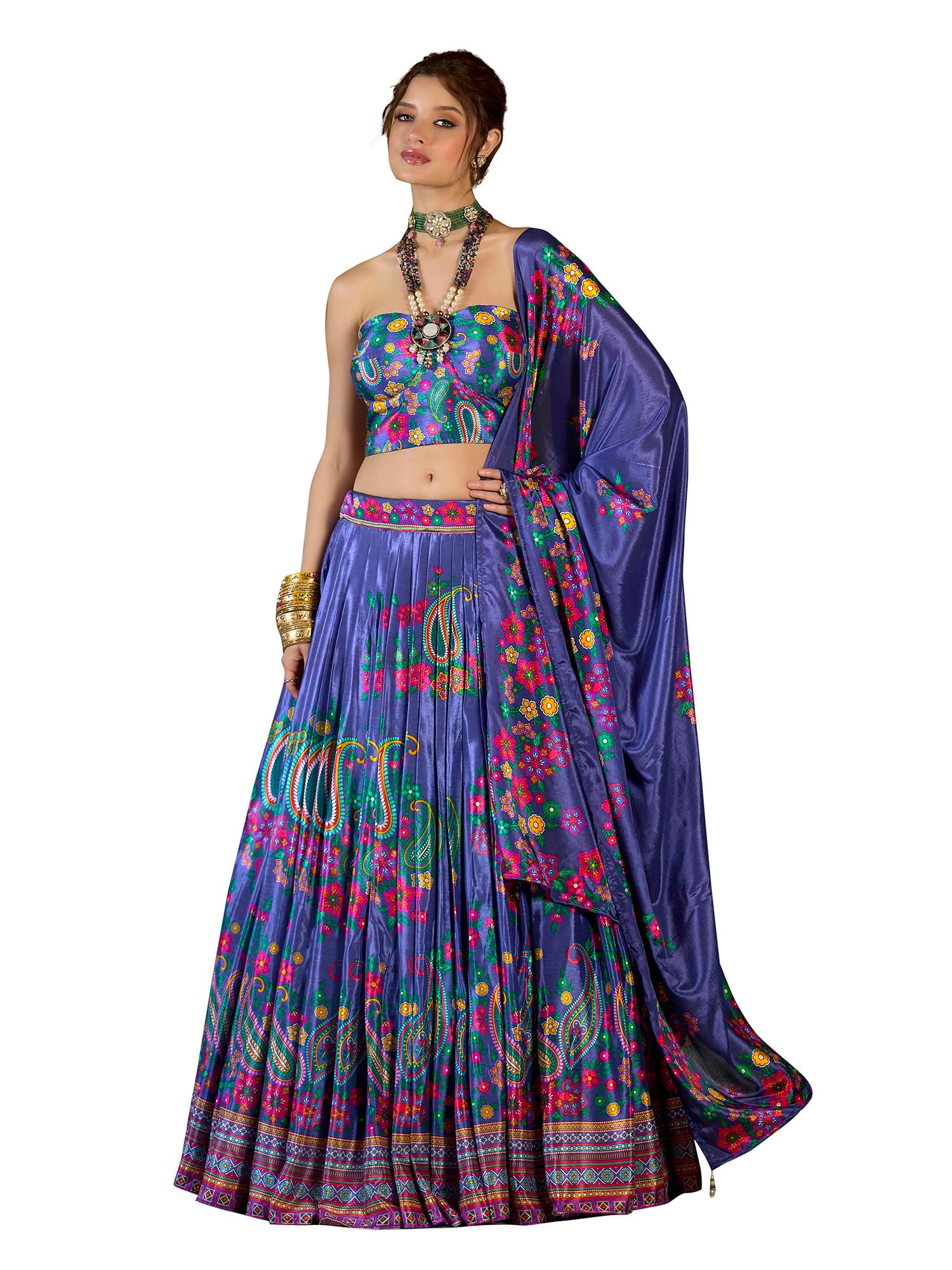 Women's Chinon/Art Silk Semi-Stitched Lehenga choli (Hiya-Blue_Free Size)
