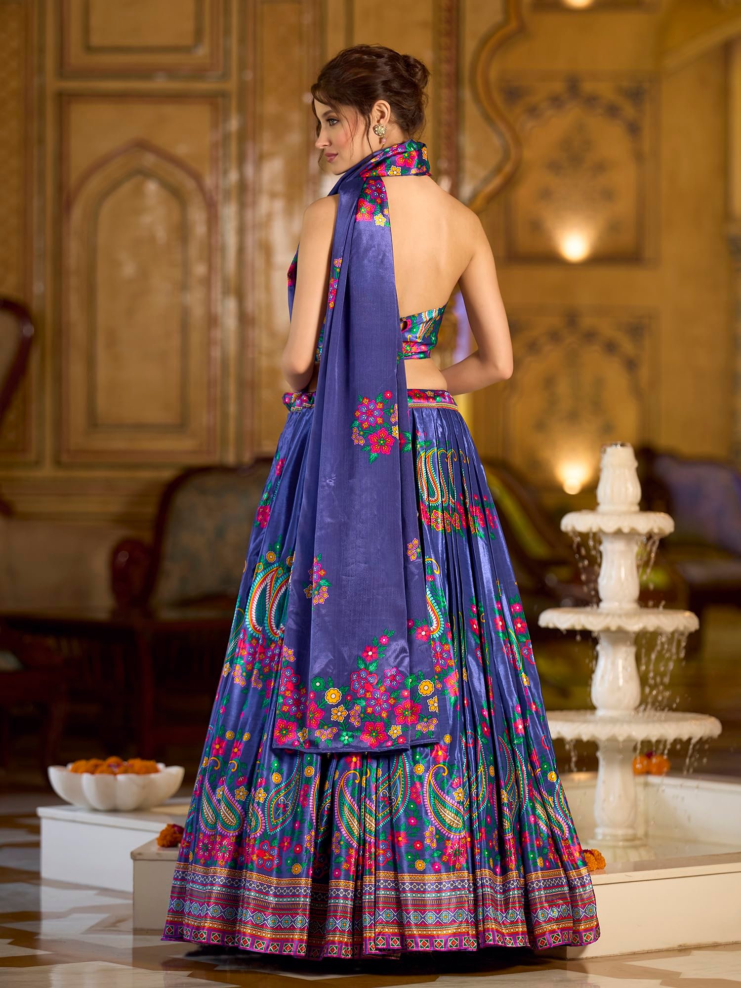 Women's Chinon/Art Silk Semi-Stitched Lehenga choli (Hiya-Blue_Free Size) - Image 3